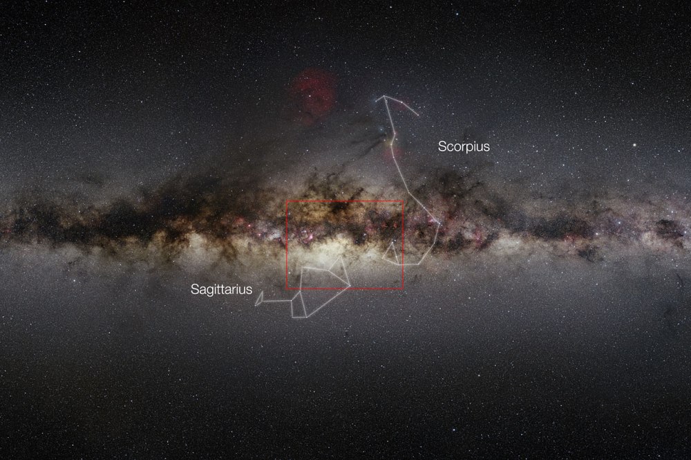 This very wide-field view of the Milky Way shows the extent of the new VISTA infrared image of the centre of the galaxy. These data cover the region known as the bulge of the galaxy and have been used to study a much larger number of individual stars in the central parts of the Milky Way than ever before. The region covered by the new VISTA mosaic is shown as a rectangle.
